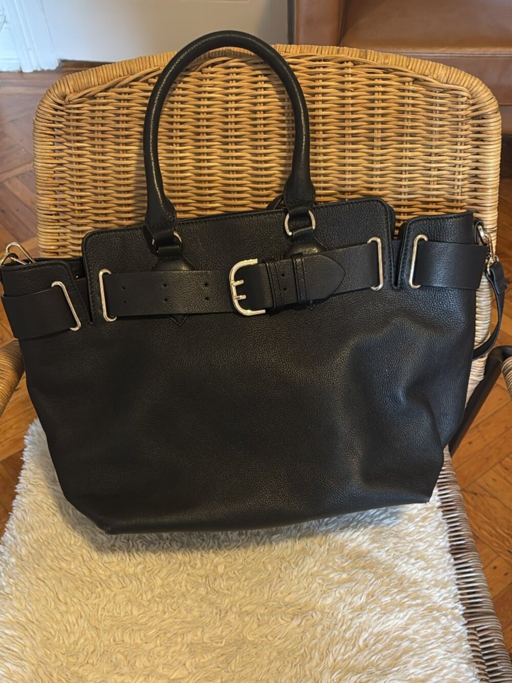Anne Weyburn Black Pebbled Leather Belted Tote Bag Gold Buckle Satchel